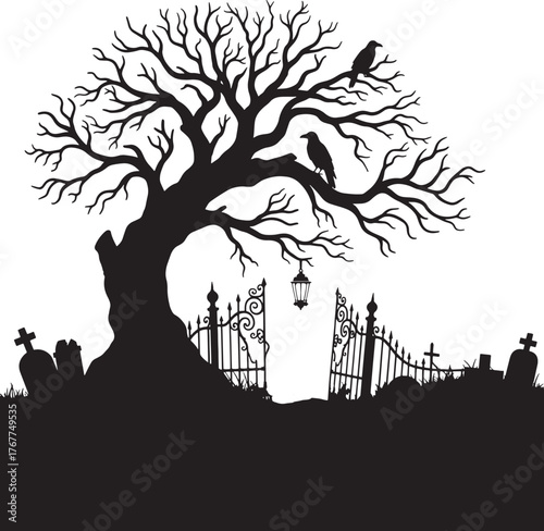 haunted graveyard silhouette with spooky tree and crows