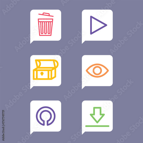 Vibrant collection of essential user interface line icons, including symbols for delete, play, view, download, and rewards for web and app design