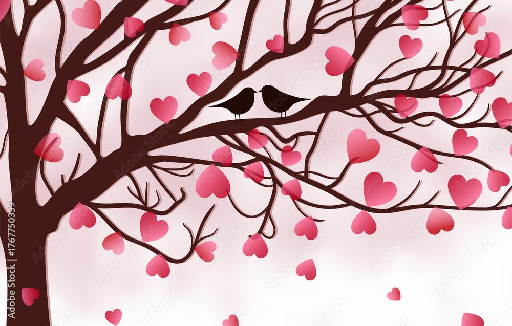 Fototapeta premium Birds Kissing on Tree Branch | Romantic Love Scene, Nature Couple Illustration Background