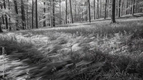 Sunlight Filtering Through Tall Trees Onto A Grassy Forest Floor With Delicate Wildflowers In The Shade