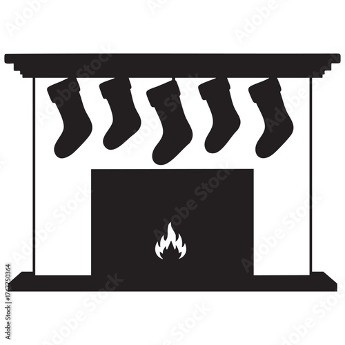 Fireplace with Five Hanging Christmas Stockings - Holiday Silhouette