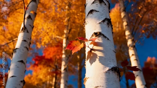 Sunlit Birch Trees with Vibrant Golden Orange and Red Autumn Leaves Against a Deep Blue Sky in a Forest Setting