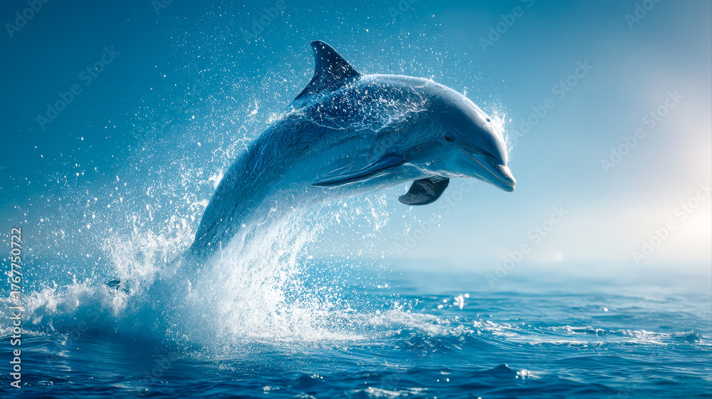 Fototapeta premium Playful dolphin leaping out of blue ocean water with sparkling waves on clear day