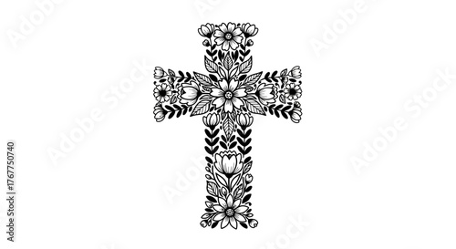 Floral Cross Design: A delicate and detailed monochrome representation of faith and nature