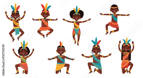 Festive african celebration: joyful cartoon characters dancing in traditional attire with feather