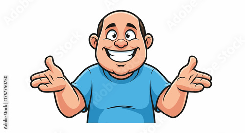 Friendly cartoon man with welcoming gesture radiates positive outlook and cheerfulness
