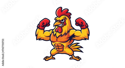 Fierce feathered fighter cartoon rooster character poised for a battle showdown