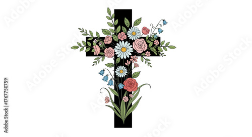 Floral embellishments adorning a symbolic christian cross representing renewal and faith expression