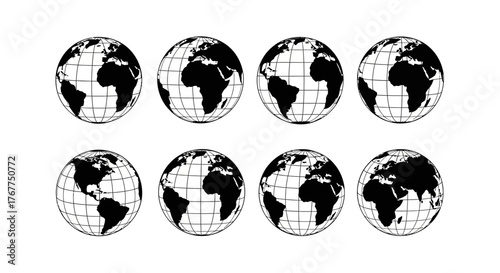 Globes showing different continents with gridlines on a white backdrop creating a cartography