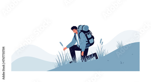 Adventurer Kneeling On Hillside Inspecting Plants Detailed Hiking Illustration Adventure