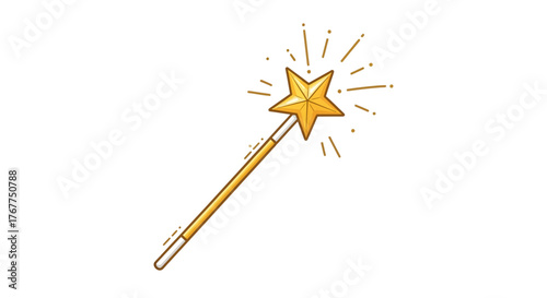 Golden star tipped magical wand with glittering shimmer on plain white backdrop
