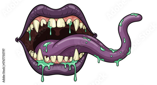 Grotesque maw illustration with a lengthy slimy tongue and sharp teeth concept