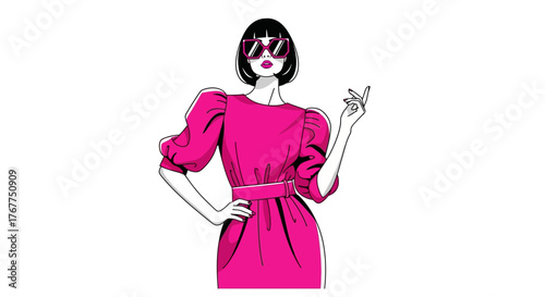 Illustrated woman with a pink dress striking a fashionable pose with confidence and style