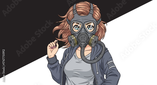 Illustration of a Girl Wearing Gas Mask Against a Contrasting Background with Anime Style