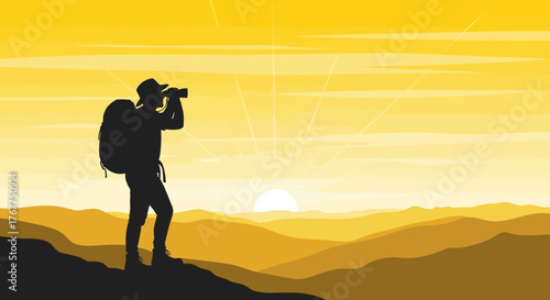 Adventurer Observing the Horizon During Golden Hour, Silhouette in Vibrant Landscape