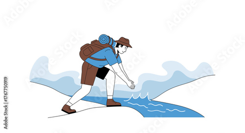 Adventurer Observing Stream While Exploring Nature Ready To Travel And Hike  Outdoor