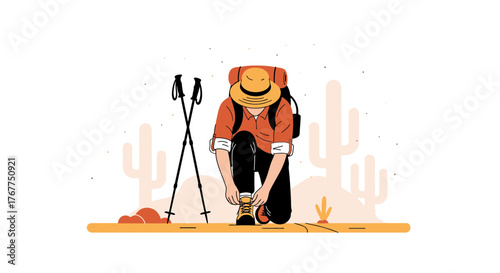 Adventurer Prepares For The Journey: Tying Laces Before A Desert Hiking Expedition