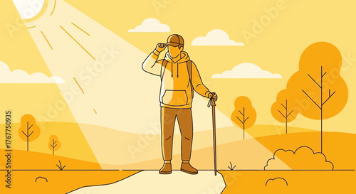 Adventurer Observing the Landscape in a Golden Hued Environment Adventure Scene