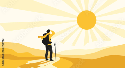 Adventurer Observing the Horizon Under a Radiant Sun In Pursuit of Discovery