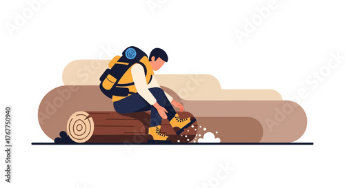 Adventurer Prepares For The Journey Wearing Boots, Sitting On A Log Preparing His Trek