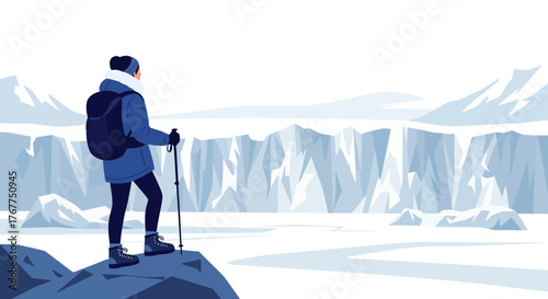 Adventurer Observing Vast Ice Region, Frozen Landscape and Mountain Scenery Illustration