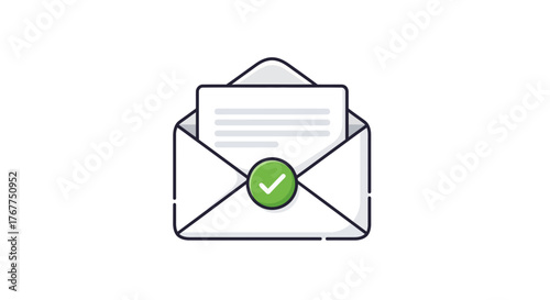 Illustration of an open envelope containing a letter and a green checkmark badge graphic design