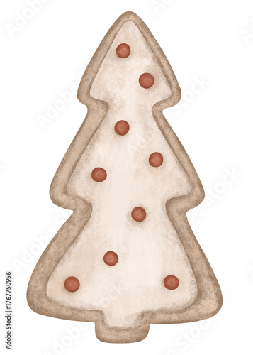 Delightful beige Christmas tree-shaped cookies decorated with red and white icing, set amidst festive holiday decorations, capturing the cozy and cheerful spirit of Christmas. New year illustration.