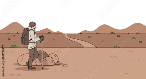 Adventurer Observing the Vista: Journeying Through the Desert Landscape Illustration