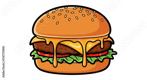 Illustration showcasing a vibrant cartoon hamburger dripping with cheese and fresh toppings