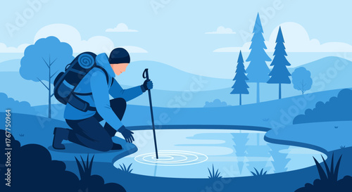 Adventurer Observing Water's Surface And Contemplating His Next Movement Near a Lake