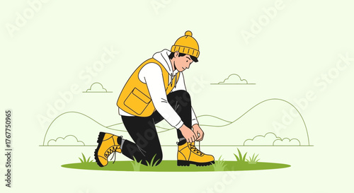 Adventurer Prepares For The Journey Wearing Yellow Boots Next To The Meadow Outdoors