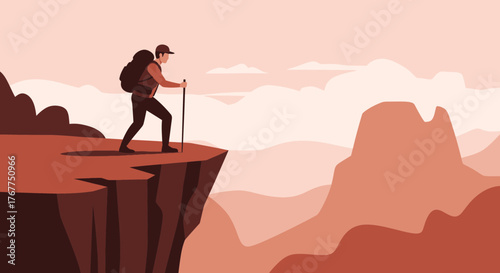 Adventurer Observing Vast Territory Overlooking Rugged Mountains Ready For Exploration