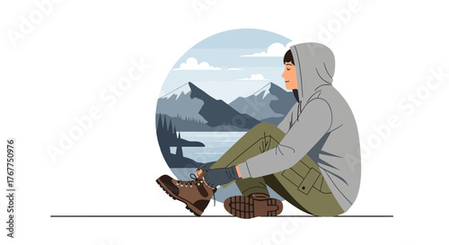 Adventurer Prepares For The Journey With Majestic Mountains In the Background