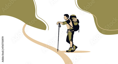 Adventurer Pauses On Trail While Hiking With Large Backpack And Walking Stick