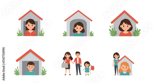 Illustrations showing diverse family structures depicted in and around their home environment