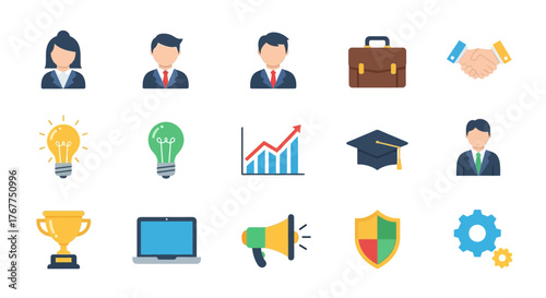 Illustrative business icons symbolizing strategy, teamwork, success and technological advancement