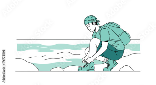 Adventurer Prepares For Trail, Beside Body Of Water, Illustration Depicting Preparation
