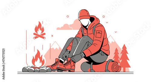 Adventurer Prepares For Expedition Near Campfire With Mountain Landscape Background