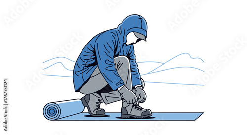 Adventurer Prepares For Expedition Tying Boots With Snowy Mountain Landscape Background