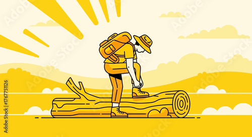 Adventurer Prepares For Trail, Cartoon Illustration With a Sunlit, Yellow Landscape