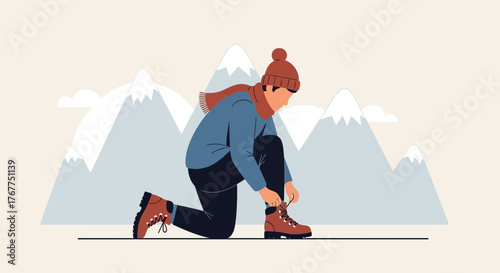 Adventurer Prepares For Expedition With Mountainous Alpine Peaks In Backdrop Illustration