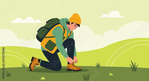 Adventurer Prepares For Trek Across A Scenic Meadow At Sunrise Landscape Illustratation