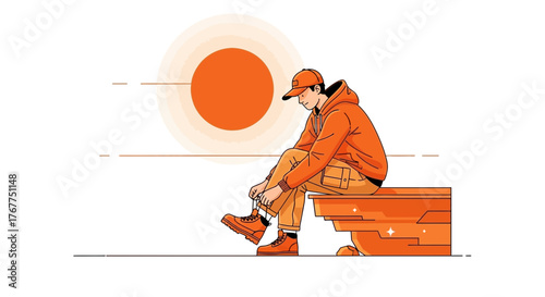 Adventurer Prepares for Exploration in Orange Hues Against the Setting Sun Silhouette