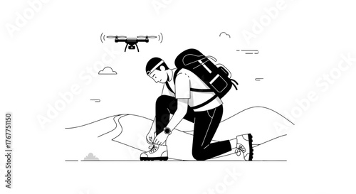 Adventurer Prepares For Trek: Drone Surveillance And Boot Lacing Before The Journey