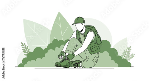 Adventurer Prepares for Hiking Journey Surrounded By Lush Foliage and Verdant Landscape