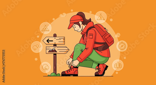 Adventurer Prepares For Trek: Boots Tied, Path Ahead, Exploring Nature's Trails