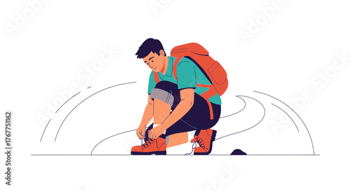 Adventurer Prepares For Trek: Tying Boots, Readying for the Exploration Journey