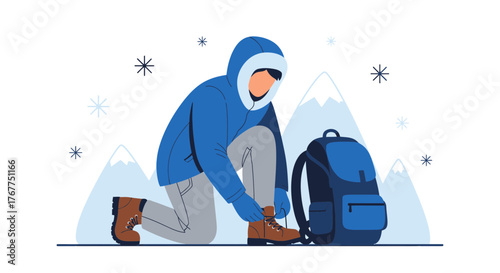 Adventurer Prepares For Hiking, Tightening Boots Before Winter Camping Adventure