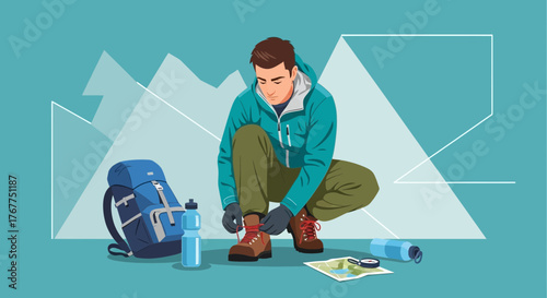 Adventurer Prepares For Journey, Lacing Boots Before Mountain Trekking Expedition
