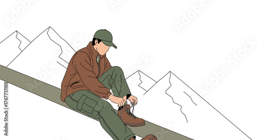 Adventurer Prepares For The Alpine Ascent: Tying Boots Before Conquering The Summit